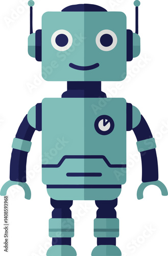 Cute smiling robot character in flat design style showcasing friendly expression in vector art