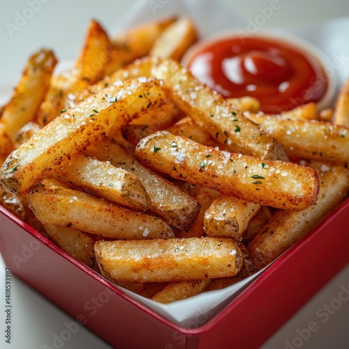 Appetizing french fries in a red container with a tantalizing condiment