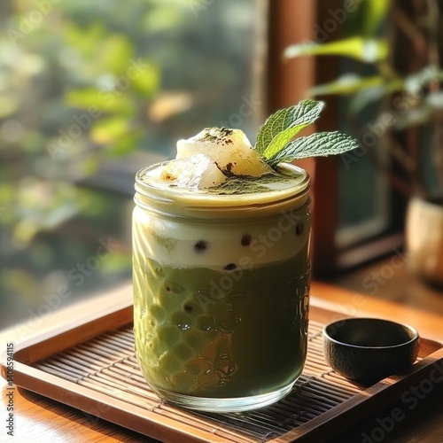 Refreshing iced matcha latte with mint leaves on wooden tray indoors