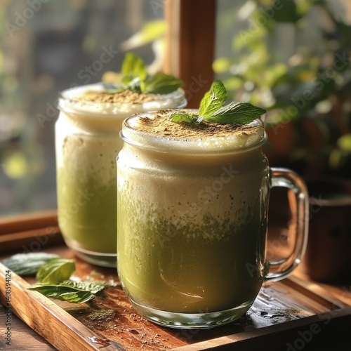 Refreshing green matcha smoothie served in mason jars on a wooden tray
