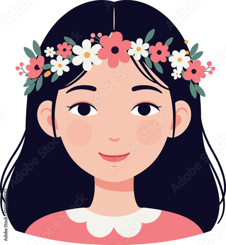 Young girl with long black hair wearing a floral crown in flat vector art