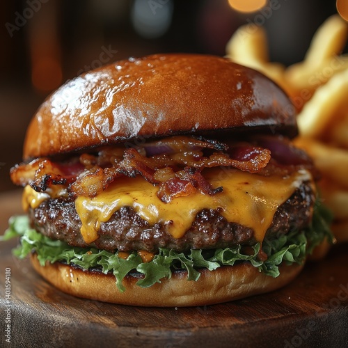 Gourmet burger with crisp bacon and melted cheese for culinary delight