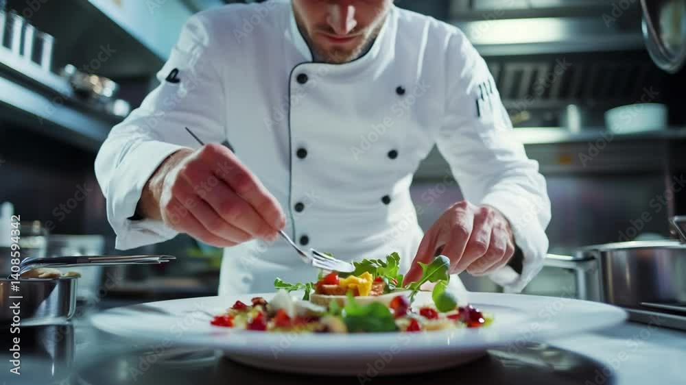 Chef meticulously plates a gourmet salad with microgreens in a professional kitchen