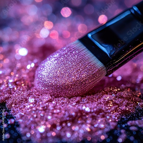 Glittering makeup brush immersed in a bed of dazzling, shimmering powder