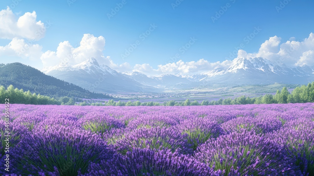 Fototapeta premium A vast lavender field stretches out beneath snow-capped mountains.