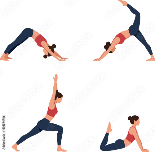 Four yoga poses illustrated in flat design style showcasing strength and flexibility in vector art