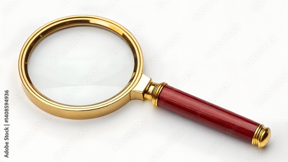 A close up shot of a magnifying glass with a gold rim and a red handle on a white background isolated on white background
A close up shot of a magnifying glass with a gold rim and a red handle on a white background isolated on white background