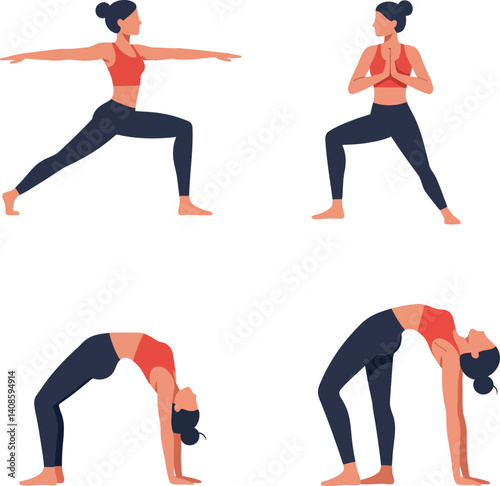 Four yoga poses showcasing flexibility and strength in flat vector illustration style with a serene atmosphere