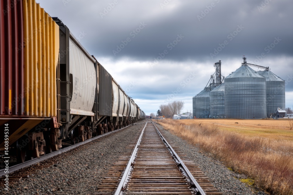 Fototapeta premium A freight train loaded with grain containers moves along the tracks next to a quarry developing a landfill to prevent soil contamination with polyethylene film Generative AI