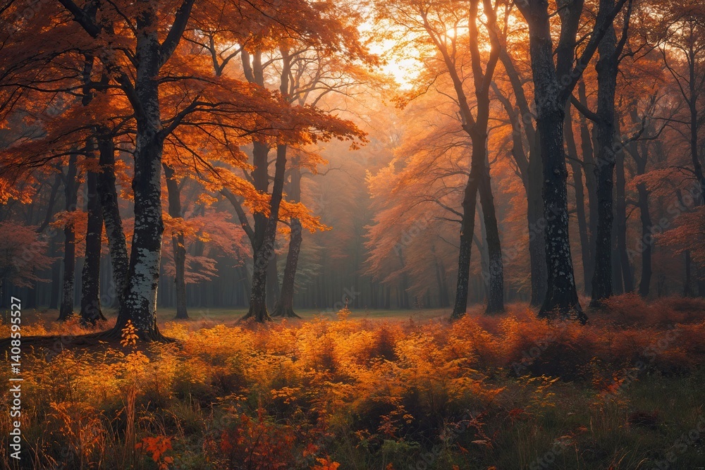 Peaceful Autumn Forest Landscape Bathed in Gentle Morning Light Peaceful Autumn Forest Landscape Bathed in Gentle Morning Light