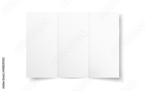 Tri fold mockup. Folded booklet or map on white background. Realistic brochure template. Open catalog or leaflet blank with soft shadow. Vector illustration.