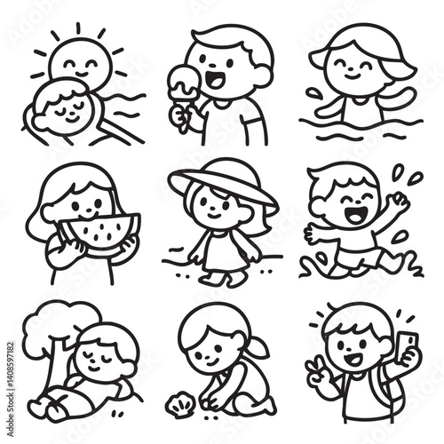 Fun summer activities are depicted this playful illustration, showcasing children enjoying ice cream, swimming, and playing outdoors. Their joyful expressions capture essence of carefree childhood