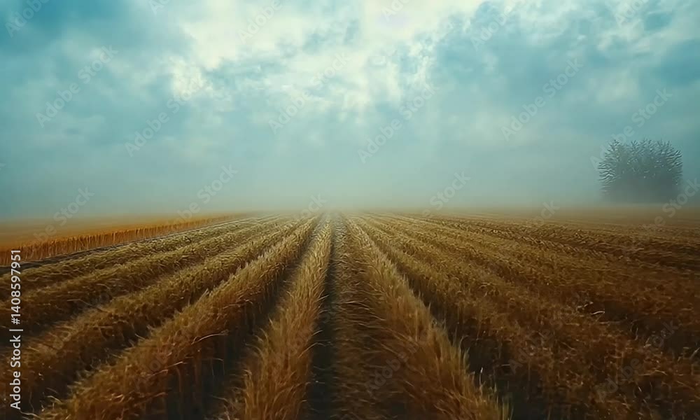 A vast harvested field shrouded in mist with a cloudy sky, creating a serene atmosphere. A vast harvested field shrouded in mist with a cloudy sky, creating a serene atmosphere.