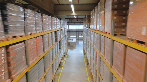 A panoramic warehouse view reveals rows of packed shelves, emphasizing efficient storage and distribution logistics.