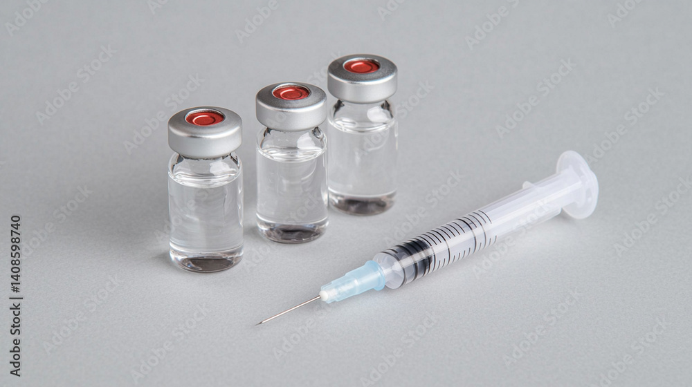 Medical vials and syringe are arranged on gray surface, showcasing sterile environment for injections Medical vials and syringe are arranged on gray surface, showcasing sterile environment for injections