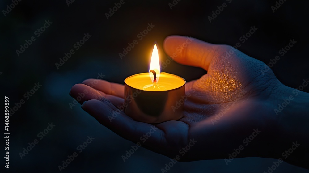 A single candle flame held in a hand, illuminating the darkness. A single candle flame held in a hand, illuminating the darkness.