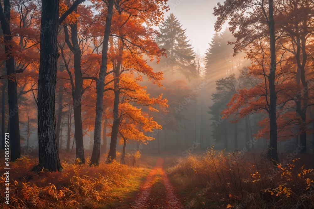 Obraz premium Stunning Autumn Forest at Sunrise with Mist and Colorful Fall Foliage