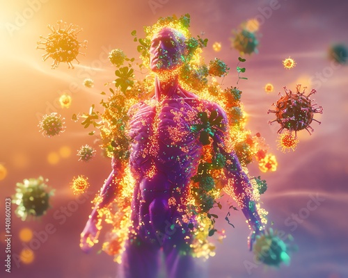 A conceptual and abstract representation of a human body surrounded by dynamic, swirling viruses, symbolizing infection and the fragility of health in a visually compelling way