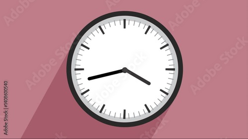 simple animated 4k video of a minimal clock set on a pink background, time, hours, minutes, counting time