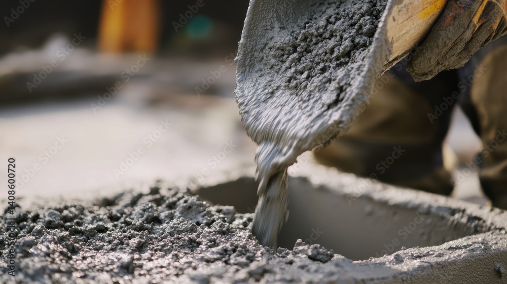 Obraz premium A construction worker pouring cement into a foundation mold. Featuring skill and attention to detail