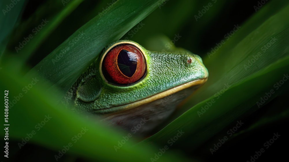 Wildlife Closeup of Red-Eyed Tree Frog, Vibrant Amphibian in Rainforest, Tropical Jungle Habitat, Nature Macro Photography, Evening Light Mood
