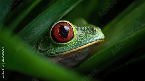 Obraz na płótnie Wildlife Closeup of Red-Eyed Tree Frog, Vibrant Amphibian in Rainforest, Tropical Jungle Habitat, Nature Macro Photography, Evening Light Mood w salonie