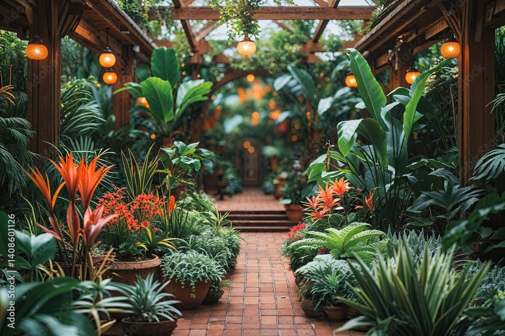 Fototapeta premium Exquisite Botanical Garden Featuring Exotic Flora and Dreamy Blurred Background