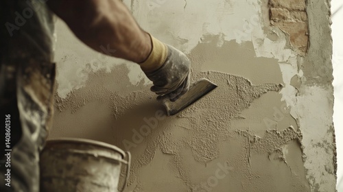 Plasterer smoothing a wall surface with a trowel. Featuring craftsmanship and finesse
