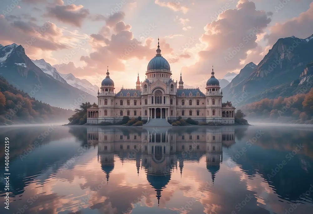 Obraz premium Grand Palace Lake Reflection: Serene Sunrise Vista
