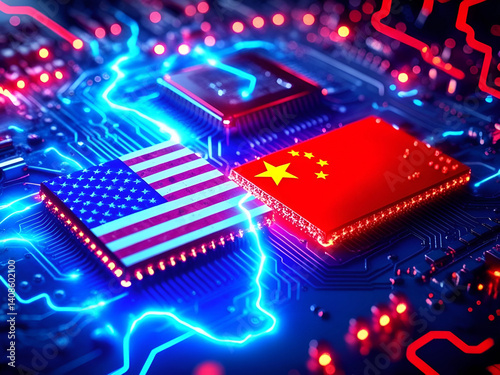 China and USA Semiconductor Chip War. CPU, GPU, and Microchip Rivalry