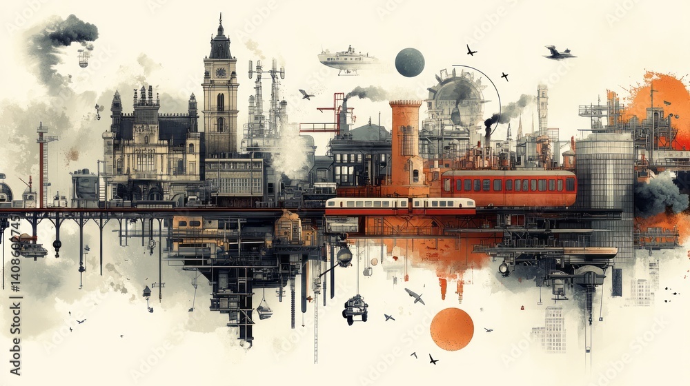 Fototapeta premium Ornate surreal city scene with industrial elements and reflection