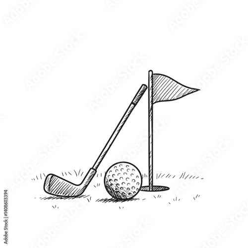 Golf Equipment: Ball and Flag on Green, Vector Icon. Sport, leisure, competition, precision concept. Graphic for club website, tournament promo, sports blog, gear ad