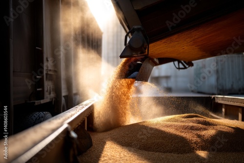 A quarry is in the process of creating a landfill for solid household waste, as a truck is filled with grain, surrounded by dust and early sunlight Generative AI