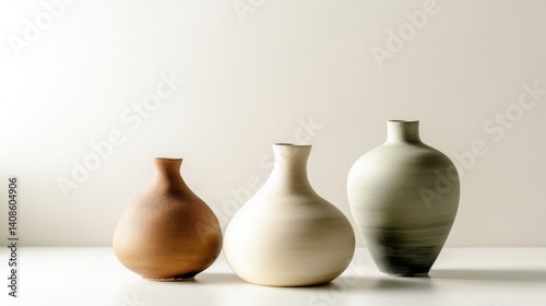Collection of elegant japandi ceramic vases in various shapes and colors. The vases are arranged together, showcasing different designs