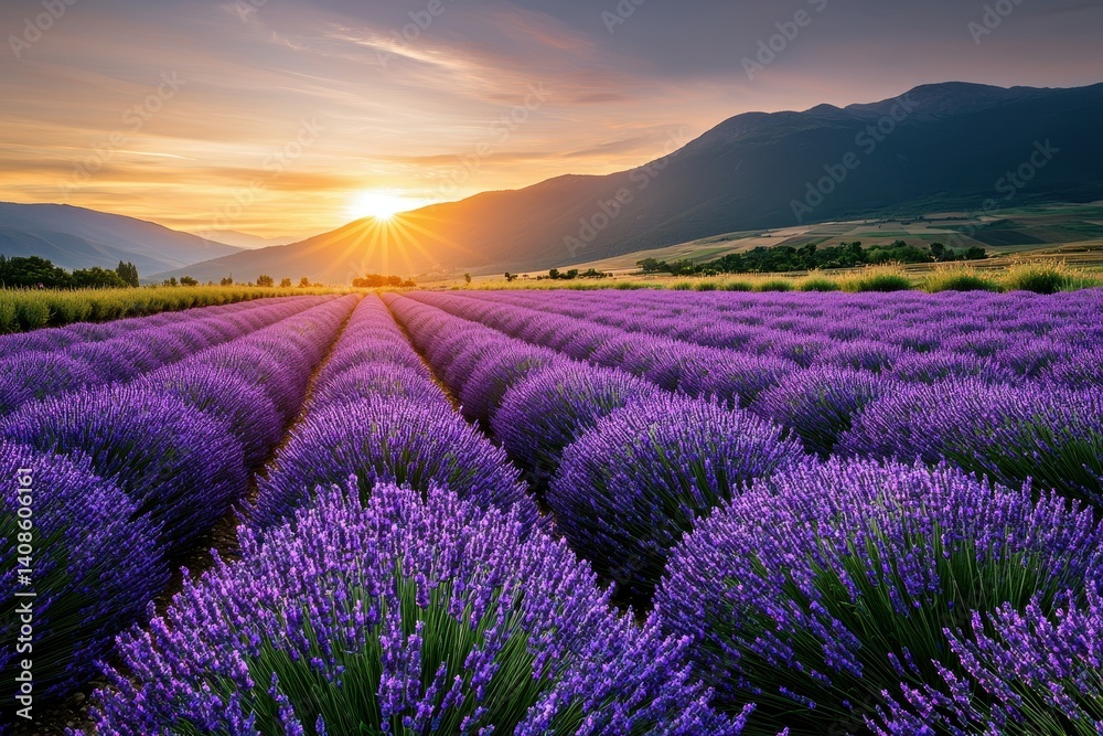 Obraz premium Vibrant lavender fields under a stunning sunset in a serene countryside setting.