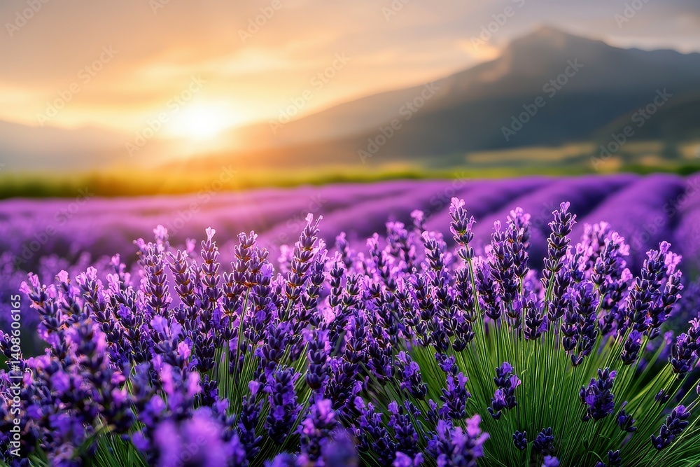 Fototapeta premium Vibrant lavender field under a golden sunset sky.