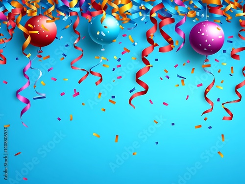 Festive background with floating balloons, streamers and confetti rain