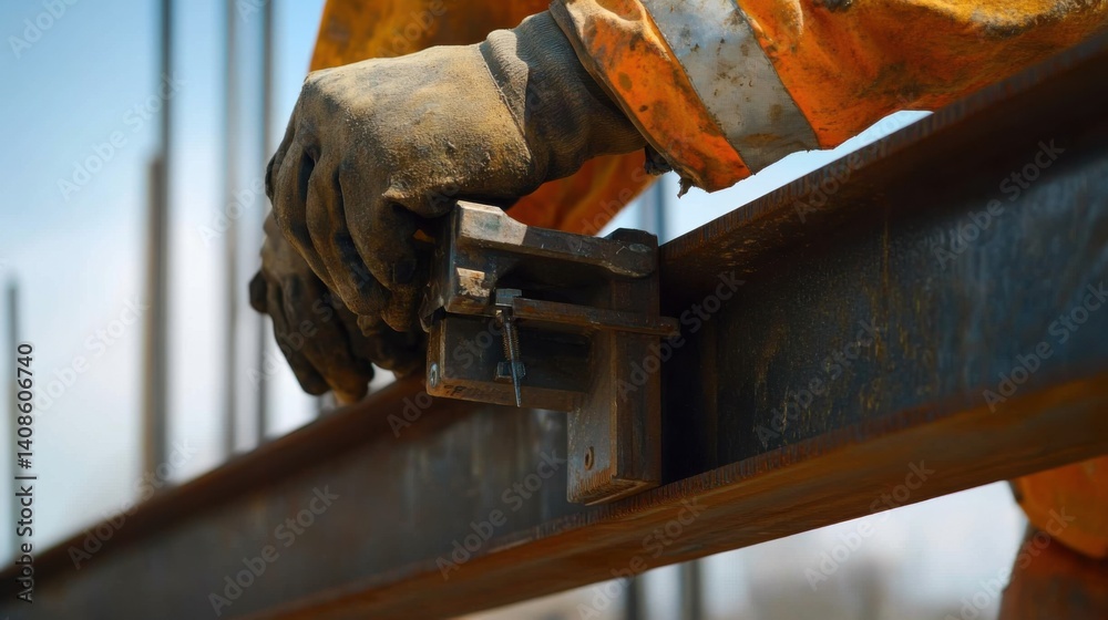 A construction worker securing a steel beam in place during building construction. Featuring strength and precision A construction worker securing a steel beam in place during building construction. Featuring strength and precision