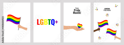 LGBT Pride Month set of colorful poster. Hand flag heart. Symbol LGBT pride community. Rainbow elements. Banner design cover magazine, layout, brochure, flyer. Vector illustration.