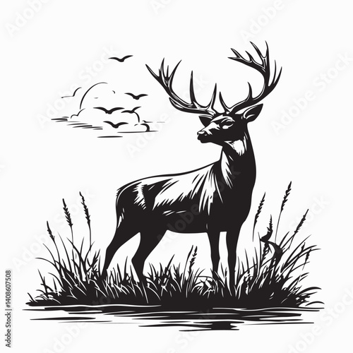 Whitetail Deer in Wheat Field Vector image isolated on white background.