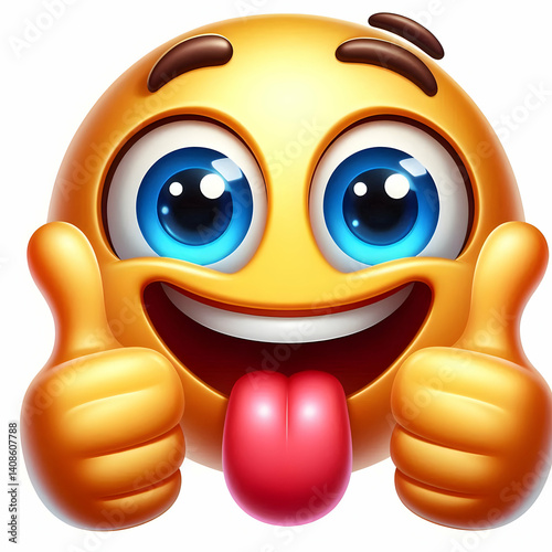 Cheerful 3D cartoon yellow smiley face emoji giving two thumbs up, big blue eyes, wide happy smile with teeth, glossy and shiny surface, positive and encouraging expression.
