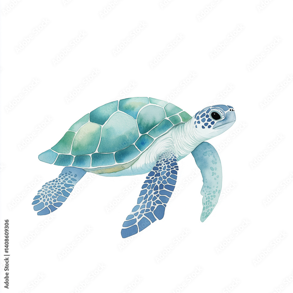 Fototapeta premium Colorful watercolor illustration of a sea turtle swimming peacefully in a coral reef environment during daylight