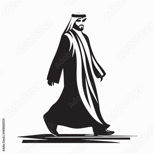 Arabic man walking sideways isolated white background in traditional costume image.