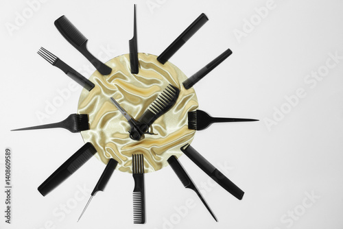 Clock made with hairdresser's tools on white background, flat lay
