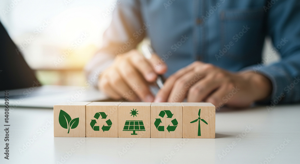 Obraz premium Person working with wooden blocks symbolizing sustainability and environmental responsibility.