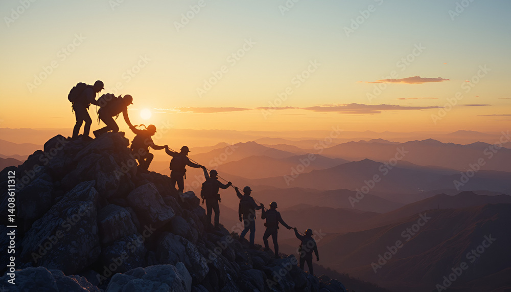 Fototapeta premium Silhouette of Team Climbing Mountain at Sunset