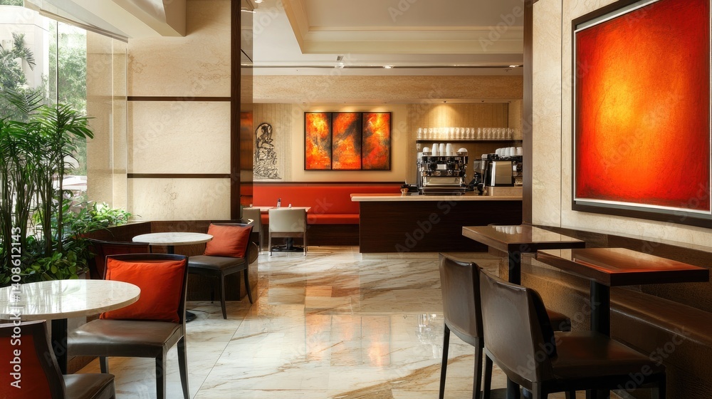 Fototapeta premium Modern Hotel Lobby Cafe with Orange Accents