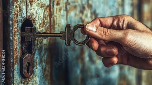 A hand holds a vintage key in an antique rusty lock. photo