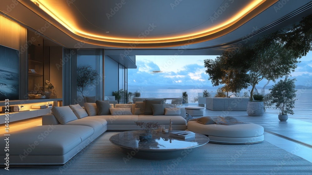 Fototapeta premium Luxury Coastal Living Room with Breathtaking Ocean View