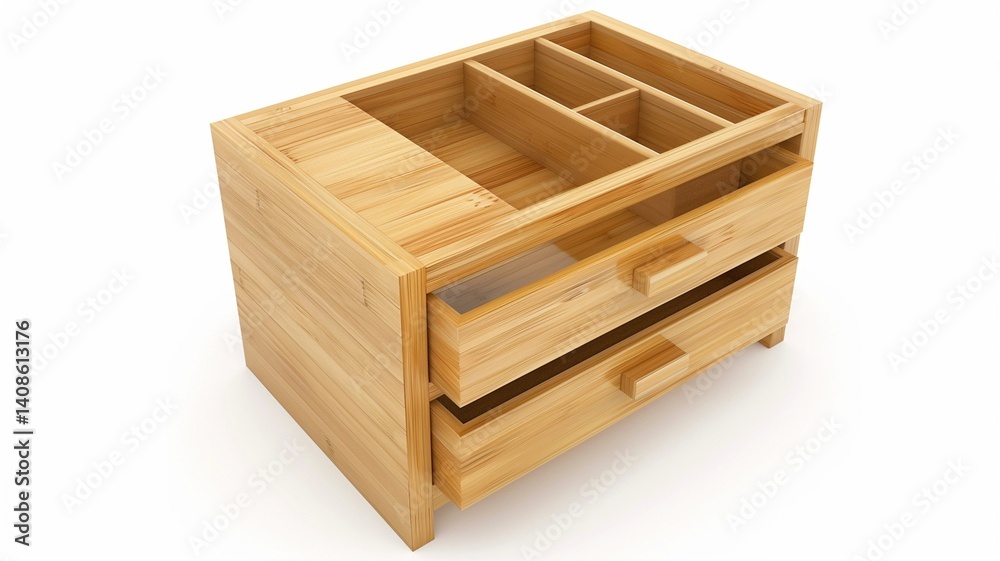 Photorealistic image of a bamboo office organizer with vertical slots and drawer on a white background Photorealistic image of a bamboo office organizer with vertical slots and drawer on a white background